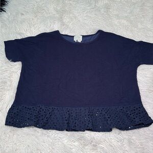Kate Spade Blouse Size XL Navy Eyelet Ruffle Trim Oversize Tee Peplum Career